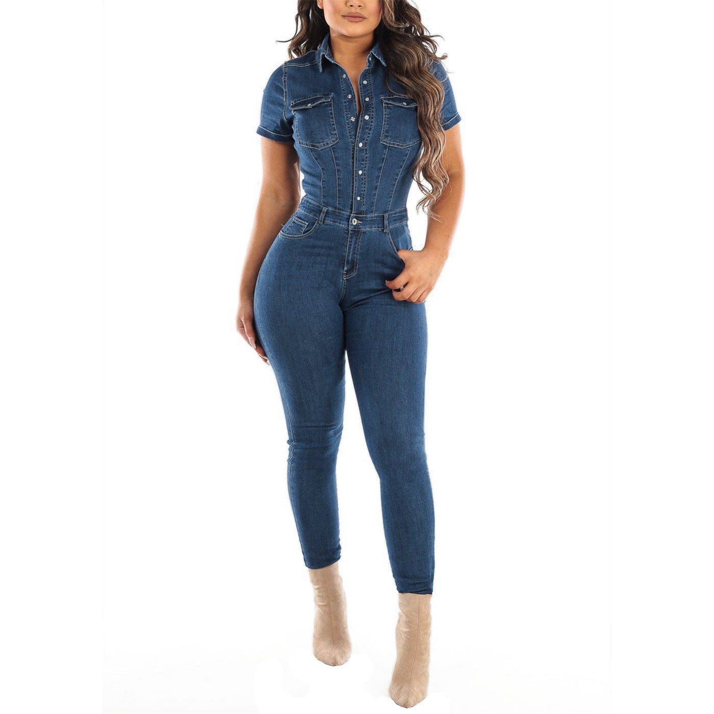 Collar Casual Sexy Mid Waist Slim Fit Jumpsuits