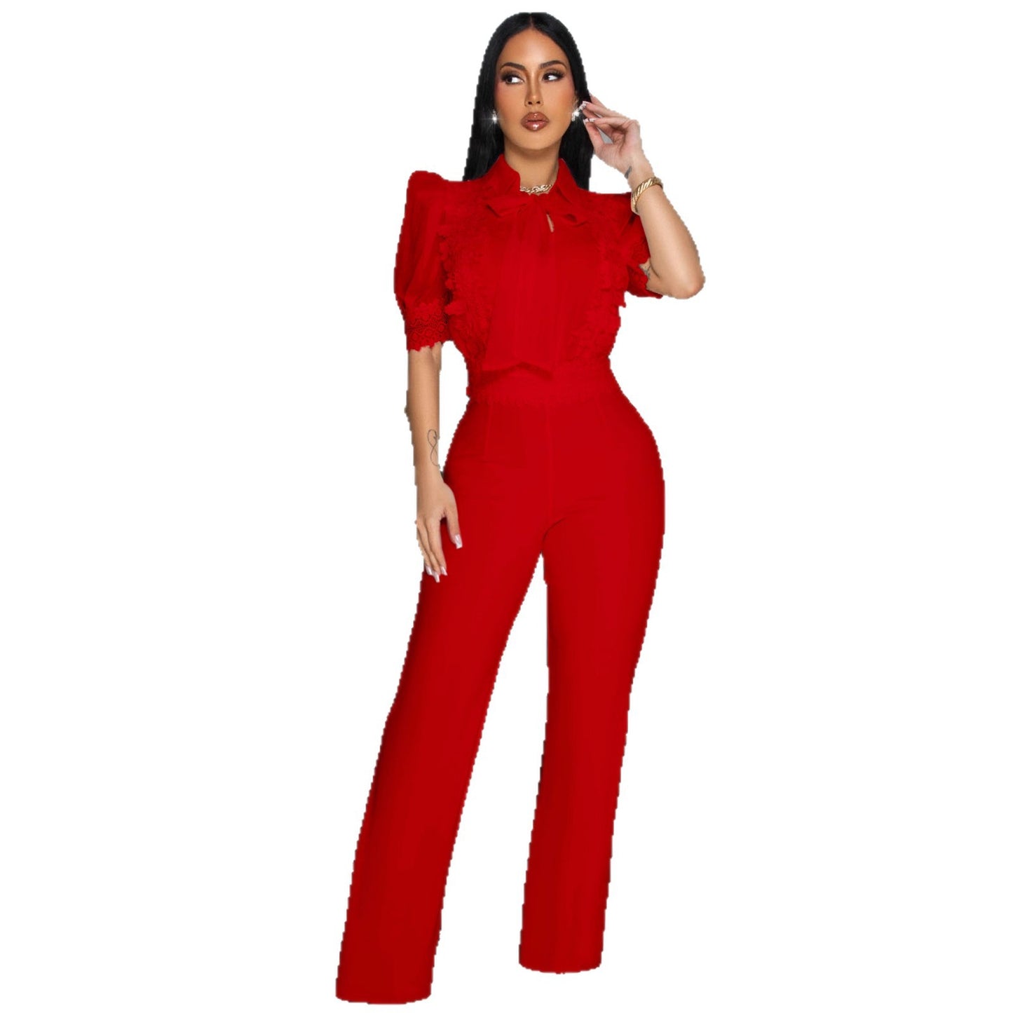 Women's Elegant Personalized Lace Stitching Tied Wide Jumpsuits