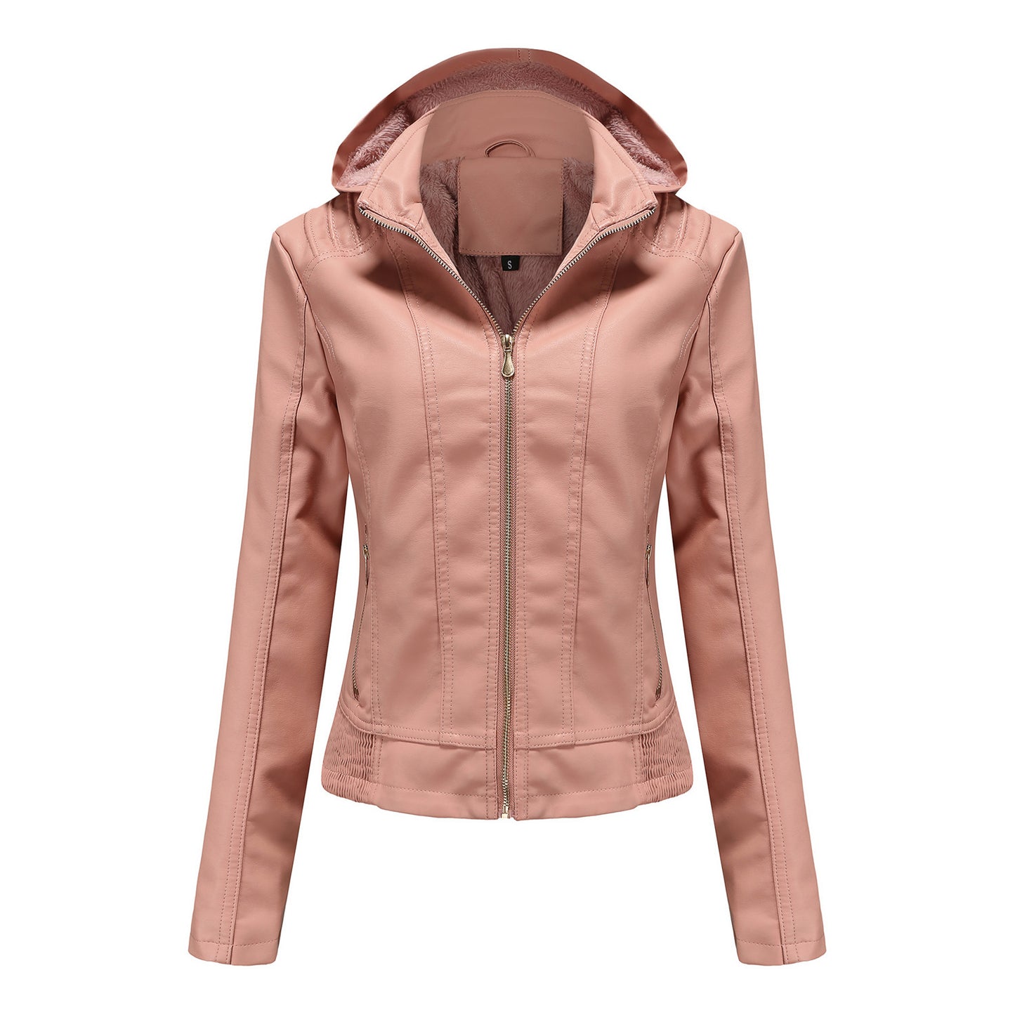 Women's Leather Detachable Hat Zipper Fleece-lined European Jackets
