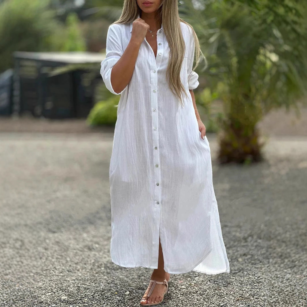 Women's Dress Cotton Linen Shirtdress Fashion Casual Cardigans