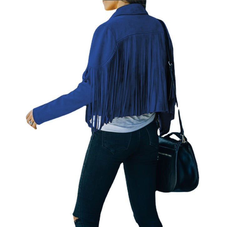 Women's Autumn Slim Long Sleeve Printed Tassel Coats