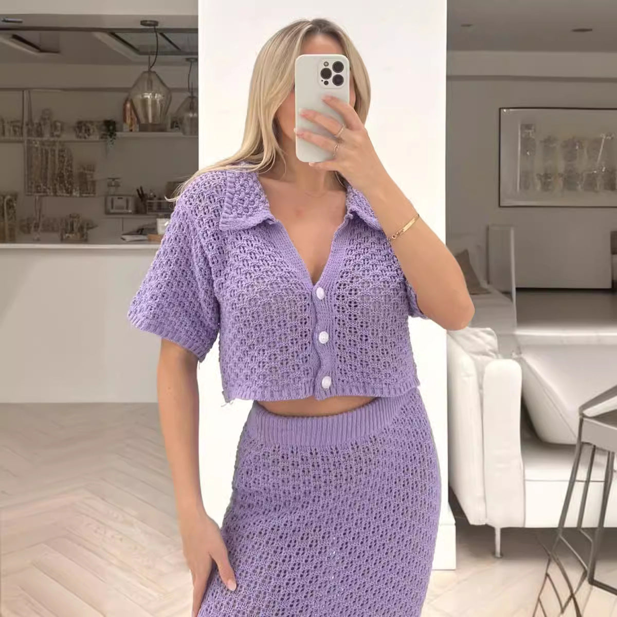 Short-sleeved Knitted Two-piece Buckle Versatile Beach Dresses