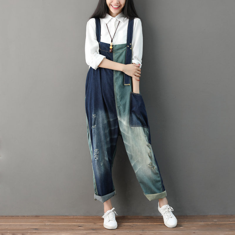 Worn Color Matching Ripped Female Overalls Jeans