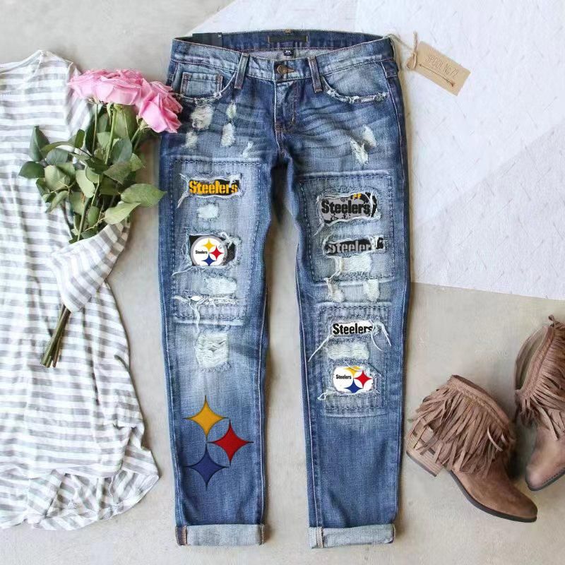 Women's Innovative Fashion Printing Hole Straight Jeans