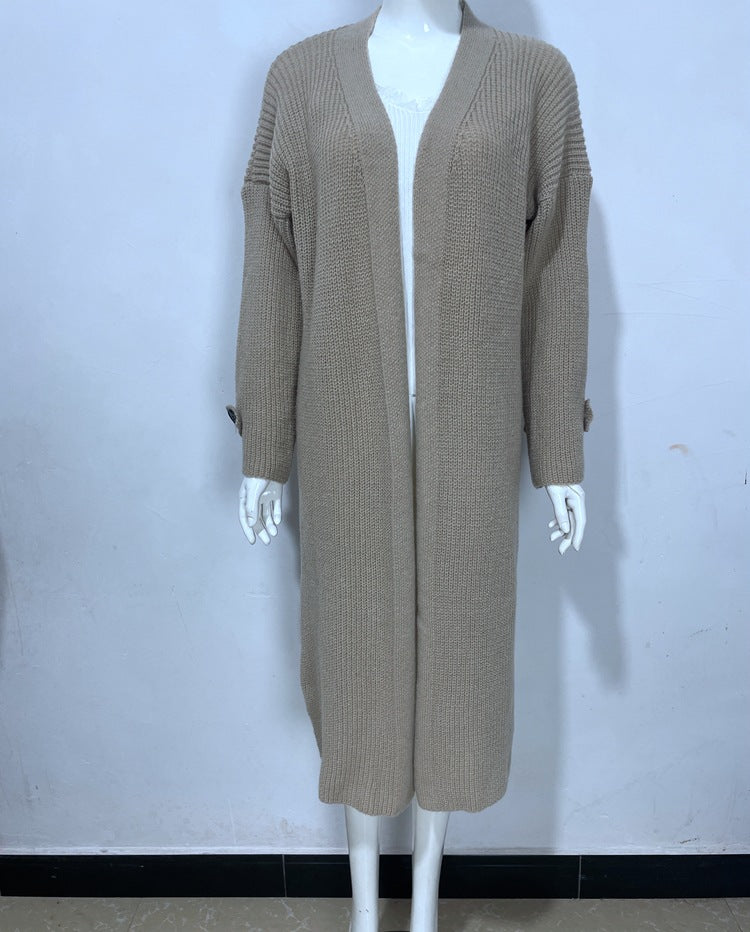 Women's Large Long Style Loose Sleeve Button Knitwear