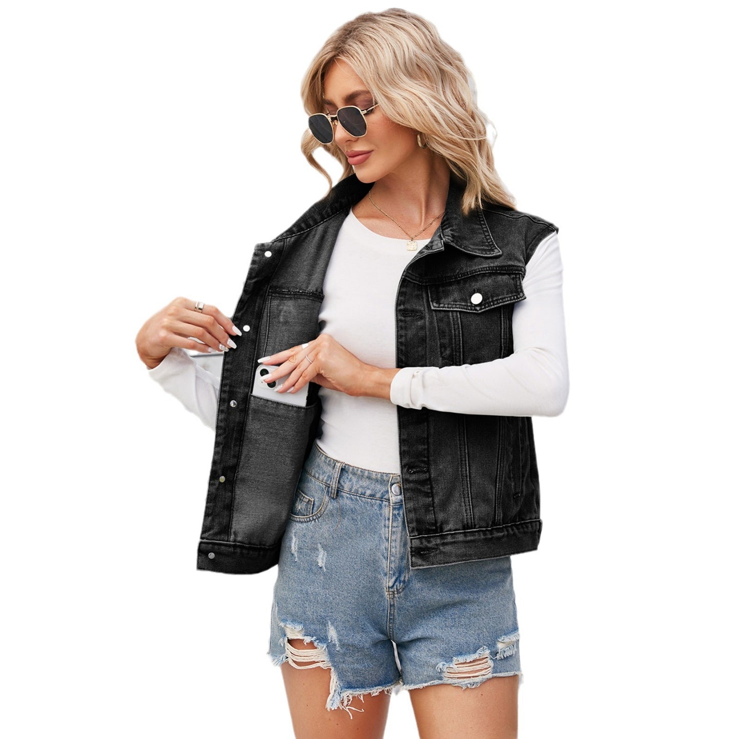 Women's Washed Classic Look Denim Waistcoat For Vests
