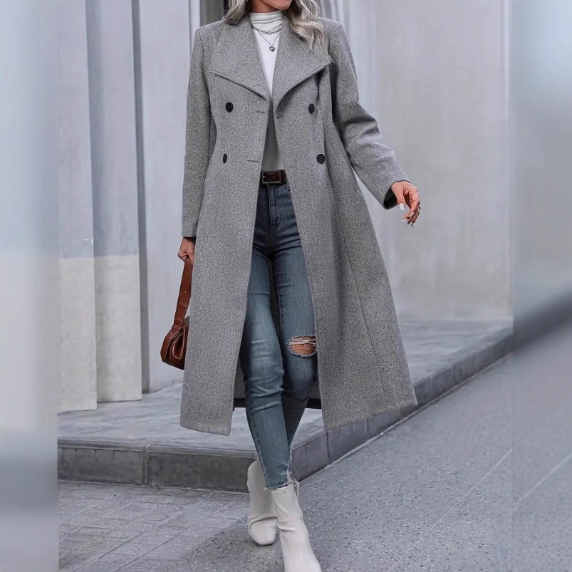 Women's Woolen Fashion Casual Polo Collar Long Coats