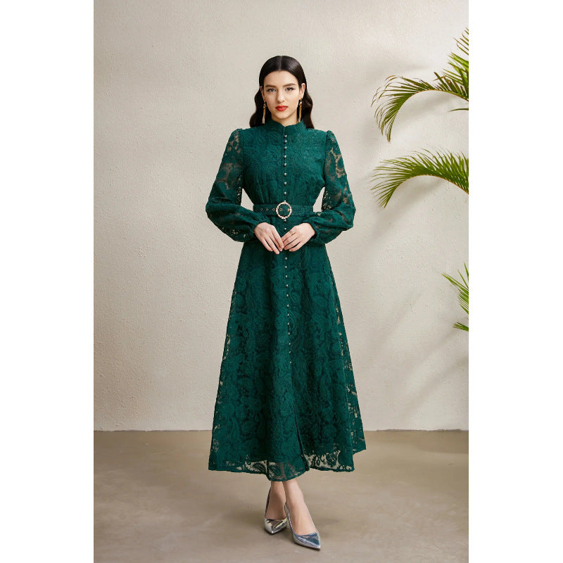 Women's Elegant Dress Autumn French Crocheted Waist Dresses