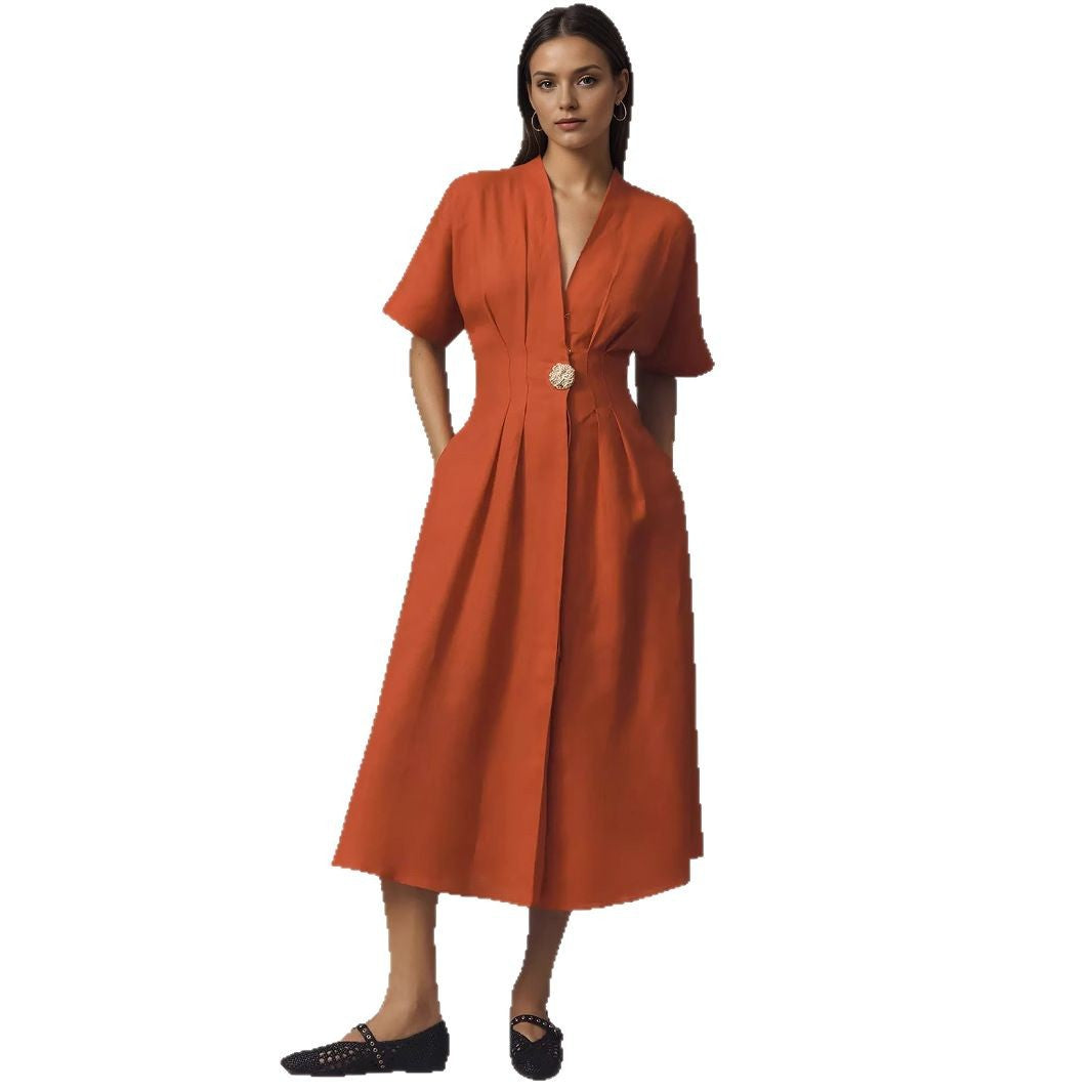 Women's French Dress Sleeve Front Button Loose Dresses