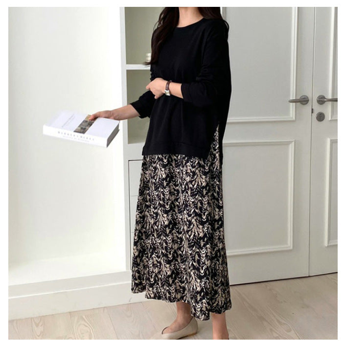 Long-sleeved T-shirt Stitching Printing Swing Dress Dresses