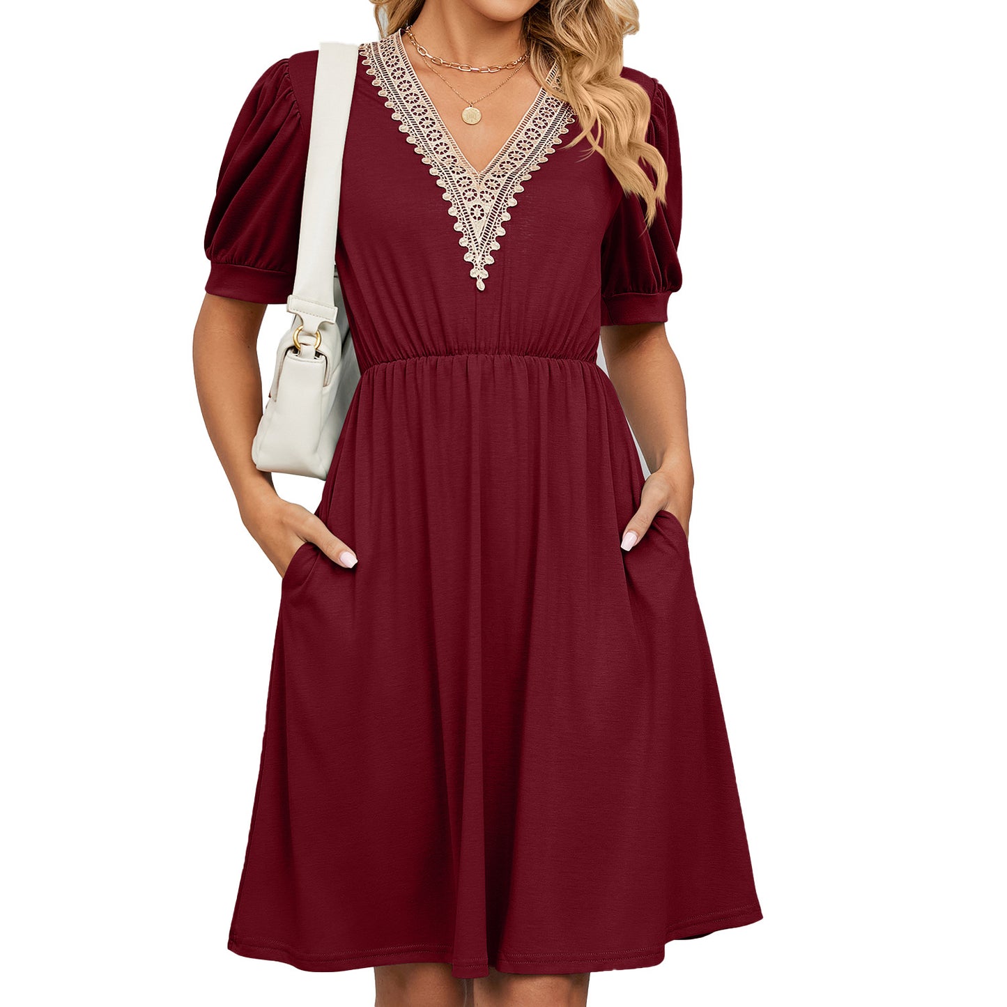 Solid Color Lace Patchwork Sleeve Pocket Dresses
