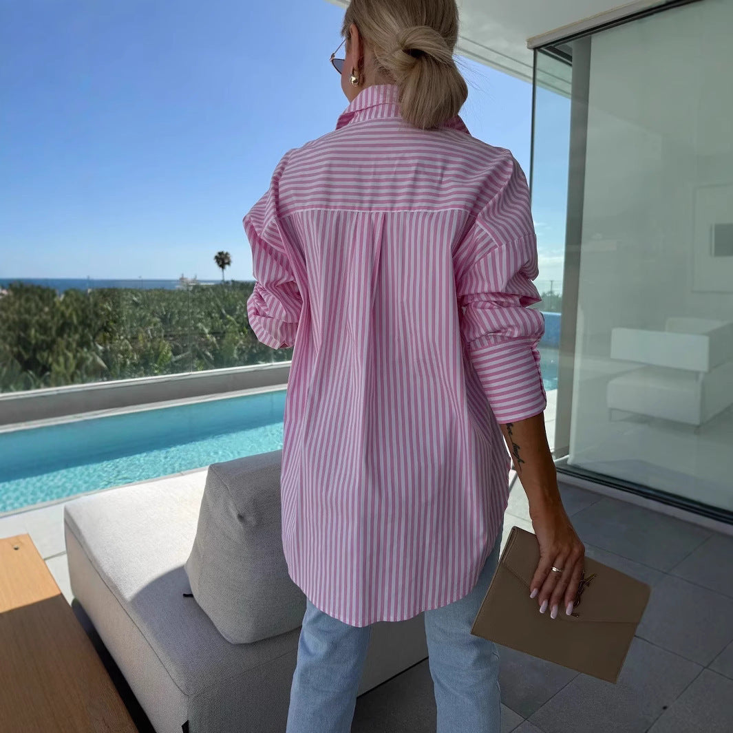 Women's Summer Loose Casual Shirt Striped Long Blouses