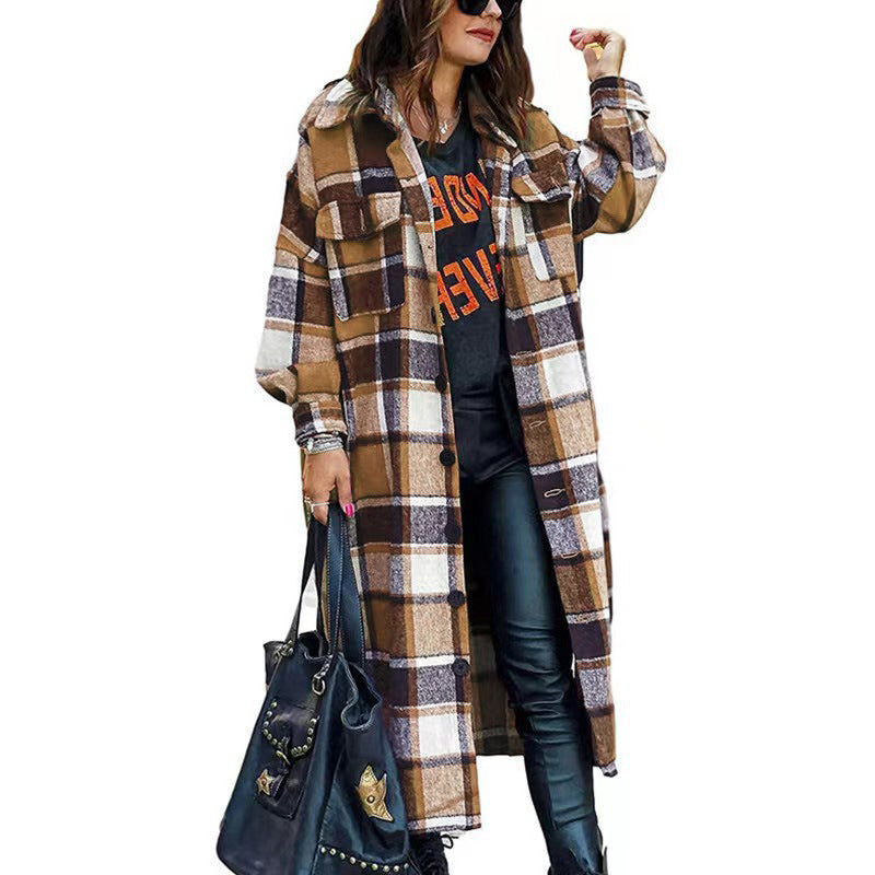 Women's Long Sleeve Loose Button Plaid Shirt Coats