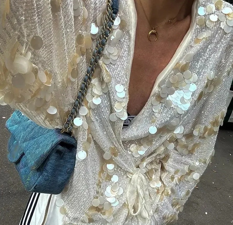 Women's Charming Fashionable Sequins Stitching Design Coats
