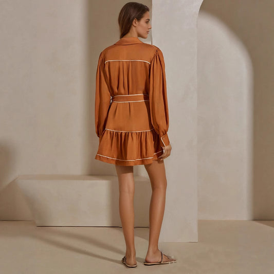 Fashionable Caramel Contrast Color Decorative Belt Dresses