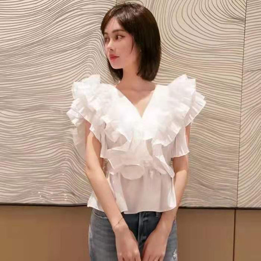 Women's Summer Red Flower Pleated Ruffled Western Blouses