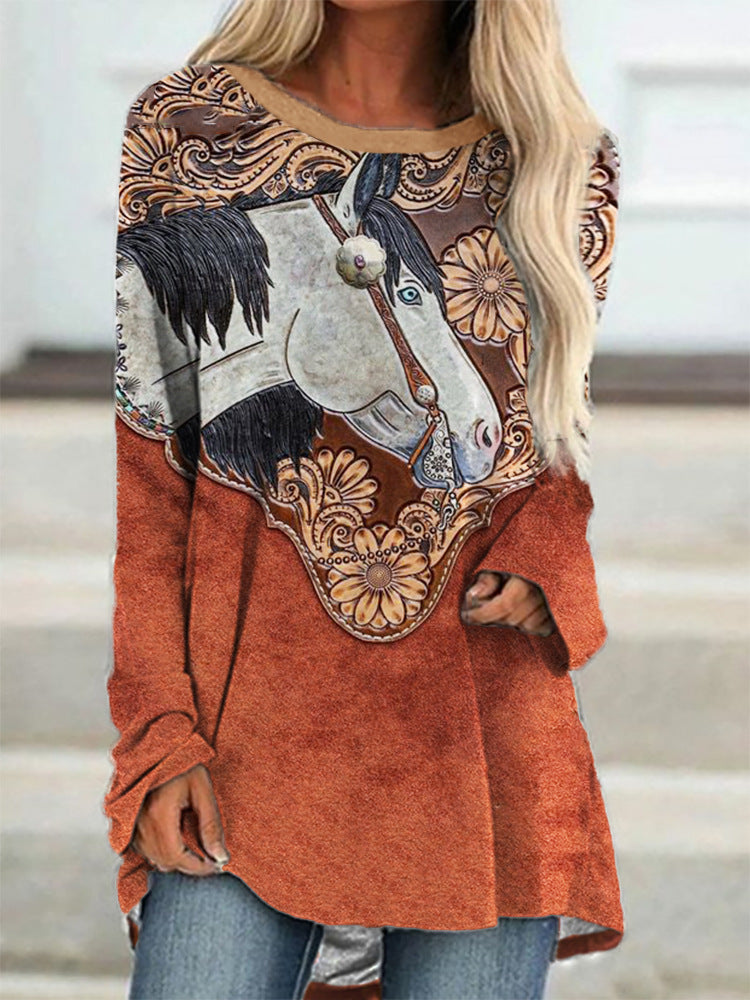 Women's Digital Printing Round Neck Long Sleeve Blouses