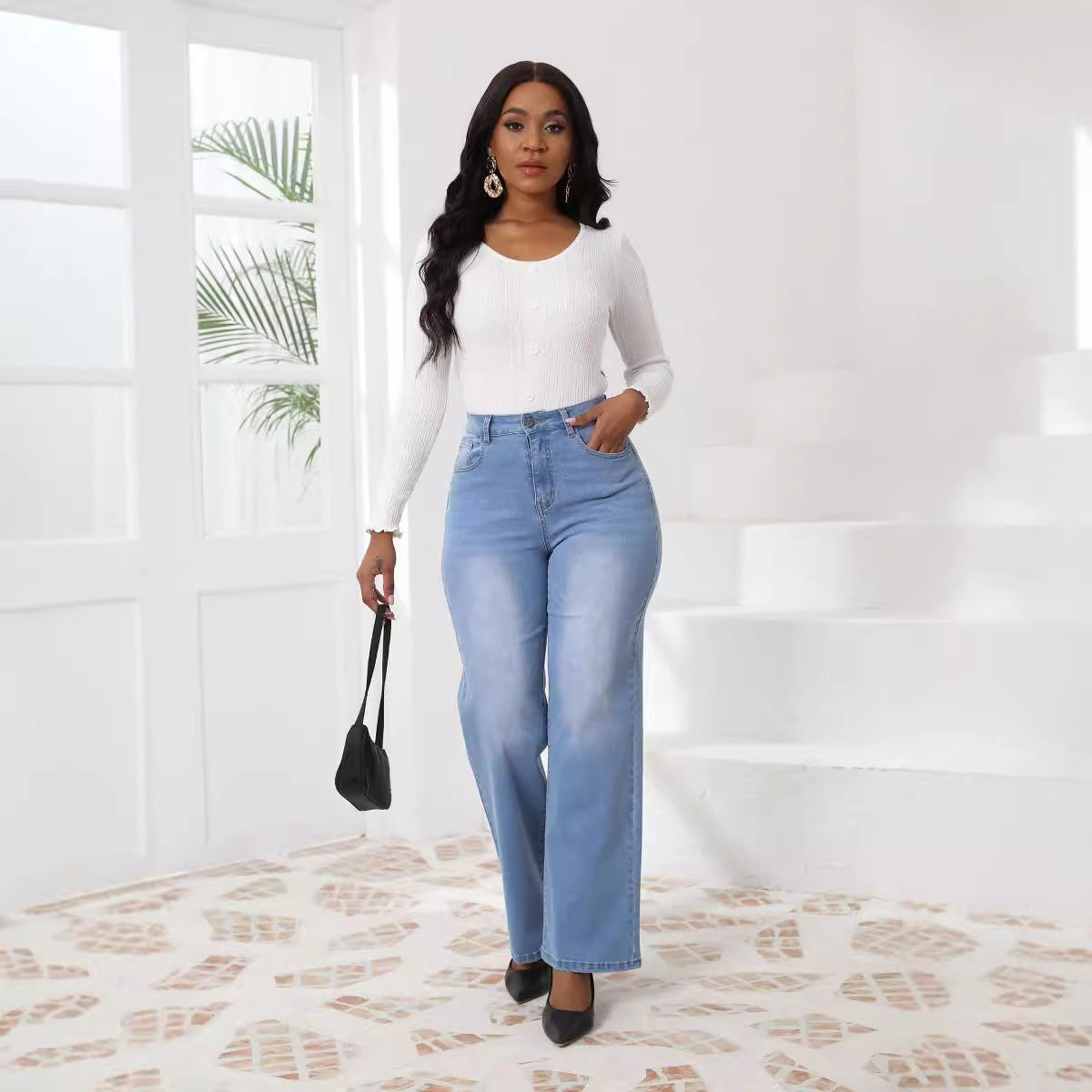 Women's High Elastic Denim Retro Straight Loose Jeans