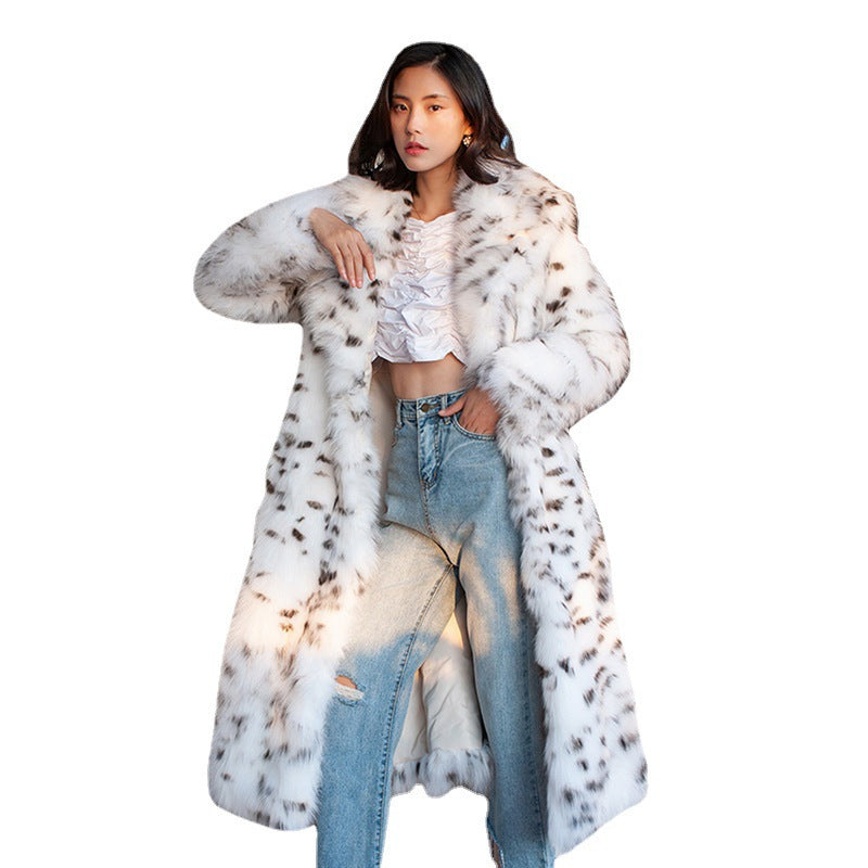 Women's Fur Imitation Fox Black Dot Leopard Print Large Coats