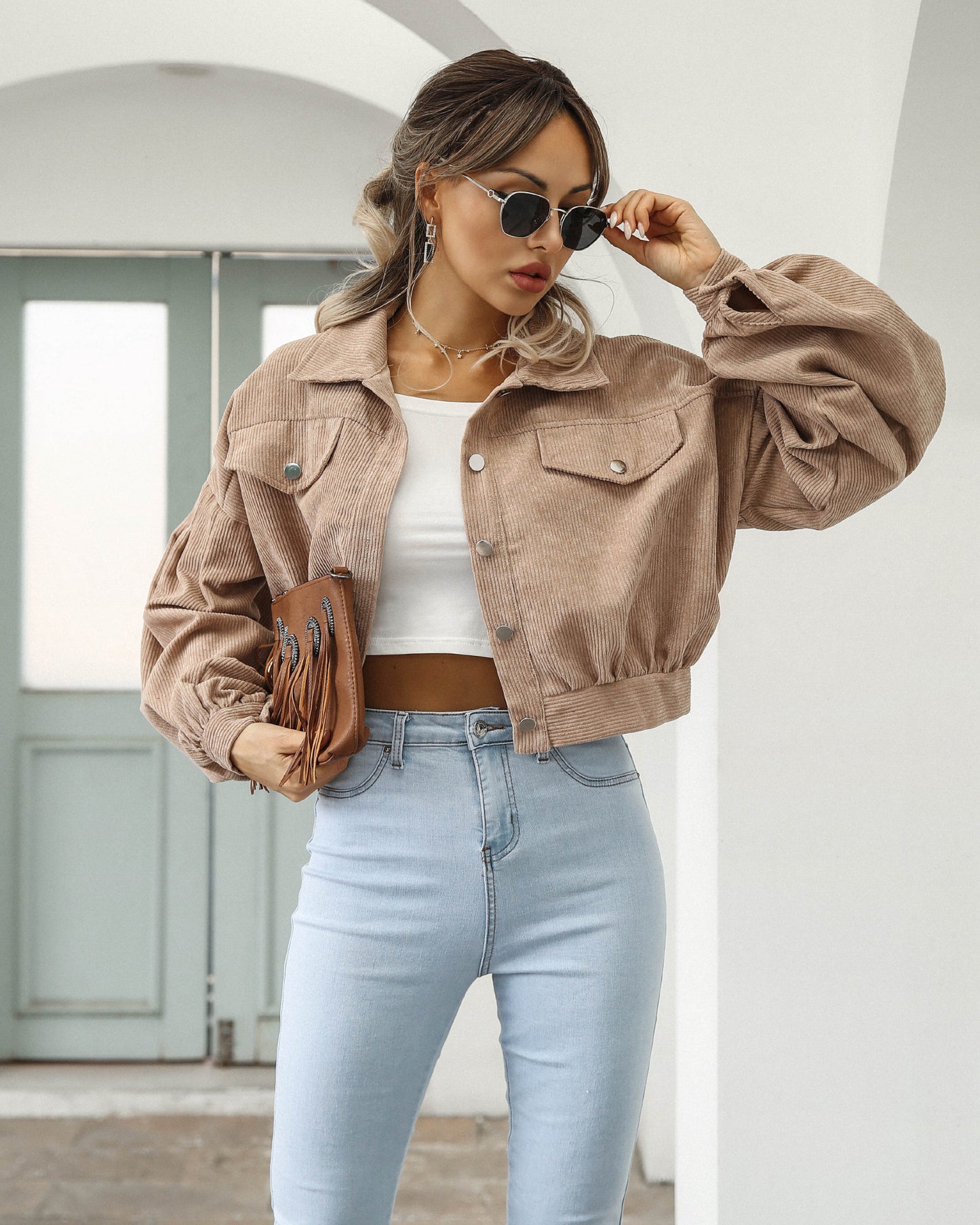 Women's Casual Polo Collar Corduroy Lantern Sleeve Jackets