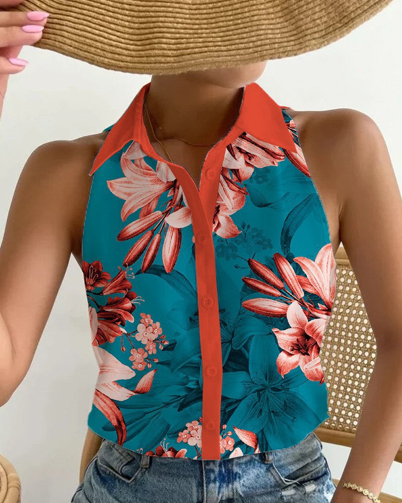 Women's Summer Casual Fashion Sleeveless Printed Shirt Blouses