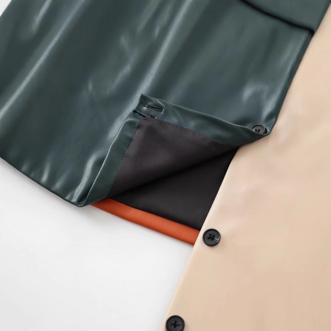 Women's French Stitching Leather Long-sleeved Lapel Contrast Jackets