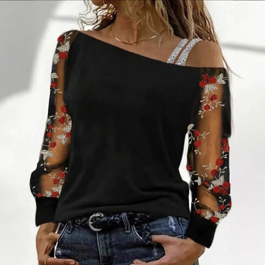 Diagonal Collar Gauzy Long Sleeve T-shirt Fashion Blouses