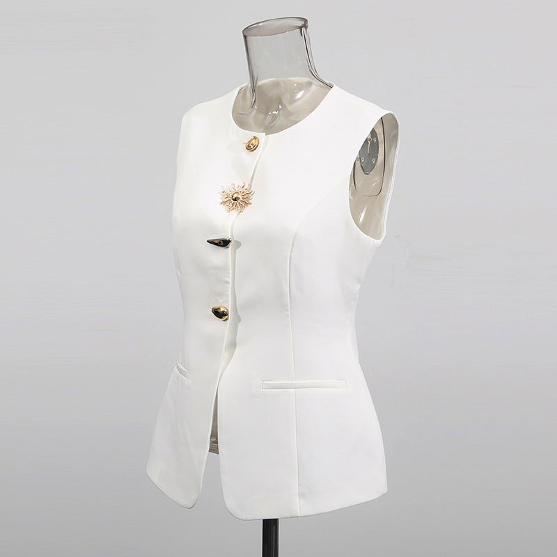 Design Irregular Fashion Round Neck Fastener Decoration Vests