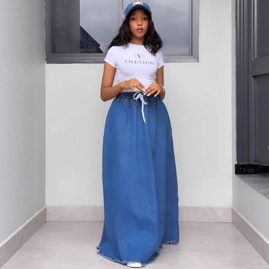 Women's Fashion Wash Solid Color Drawstring High Skirts