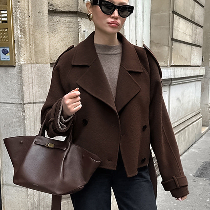 Women's French Brown Woolen For Commuting Fashion Coats