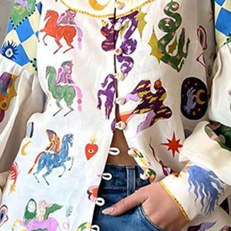 Women's Loose Iti Printing Lapel Lantern Sleeve Blouses