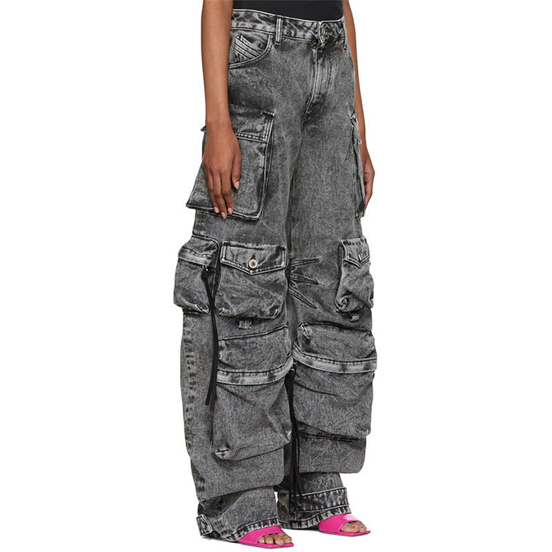Women's Gray Stitching Cargo Street Washed Worn Pants