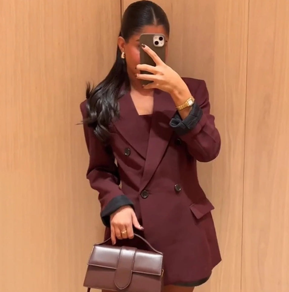 Women's Fashionable Elegant Wine Red Double Breasted Jackets