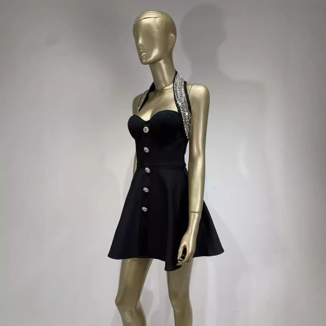 Summer Halter Bandage Dress Rhinestone Single-breasted A- Line Dresses