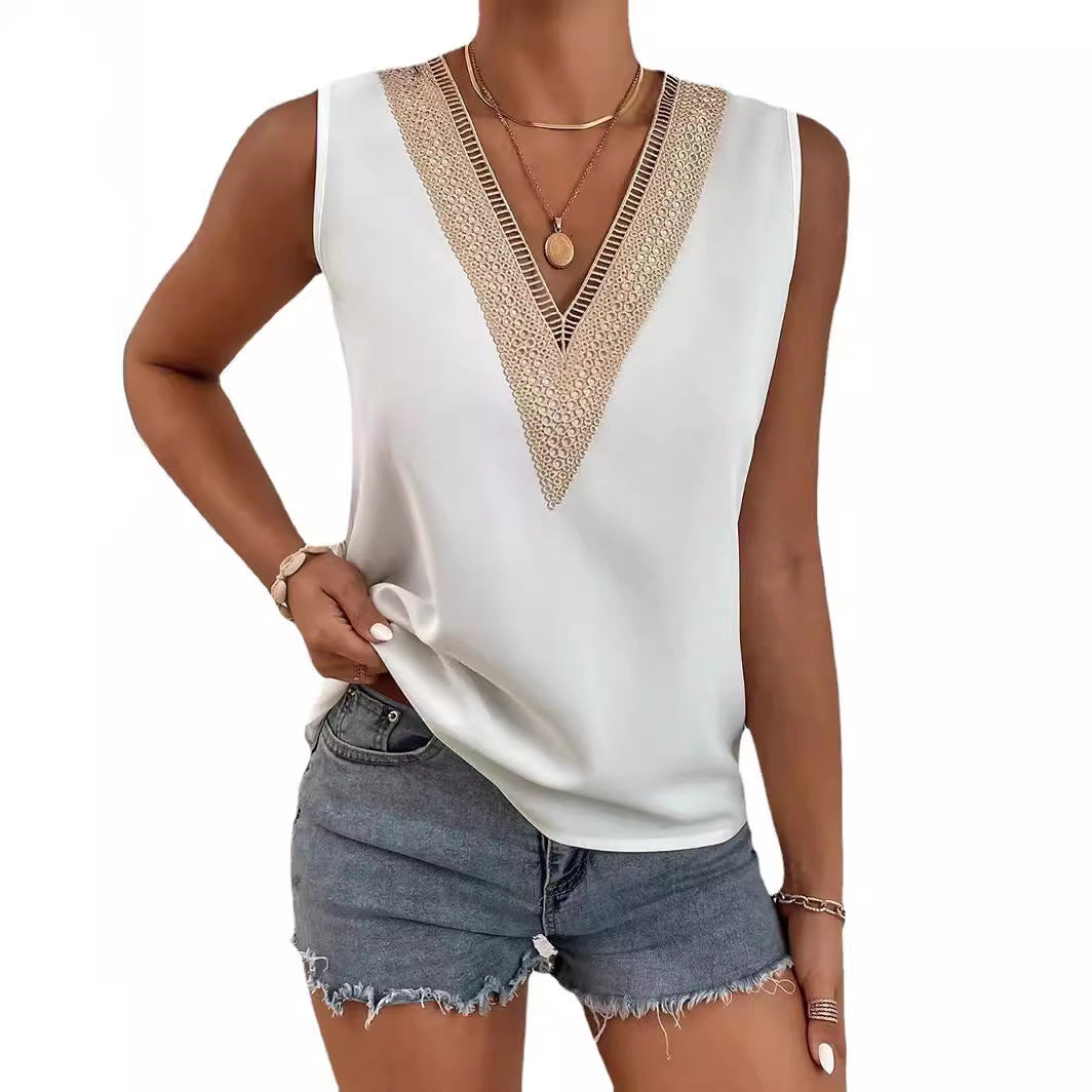 Women's Lace Shirt Pullover Loose Casual Sleeveless Blouses