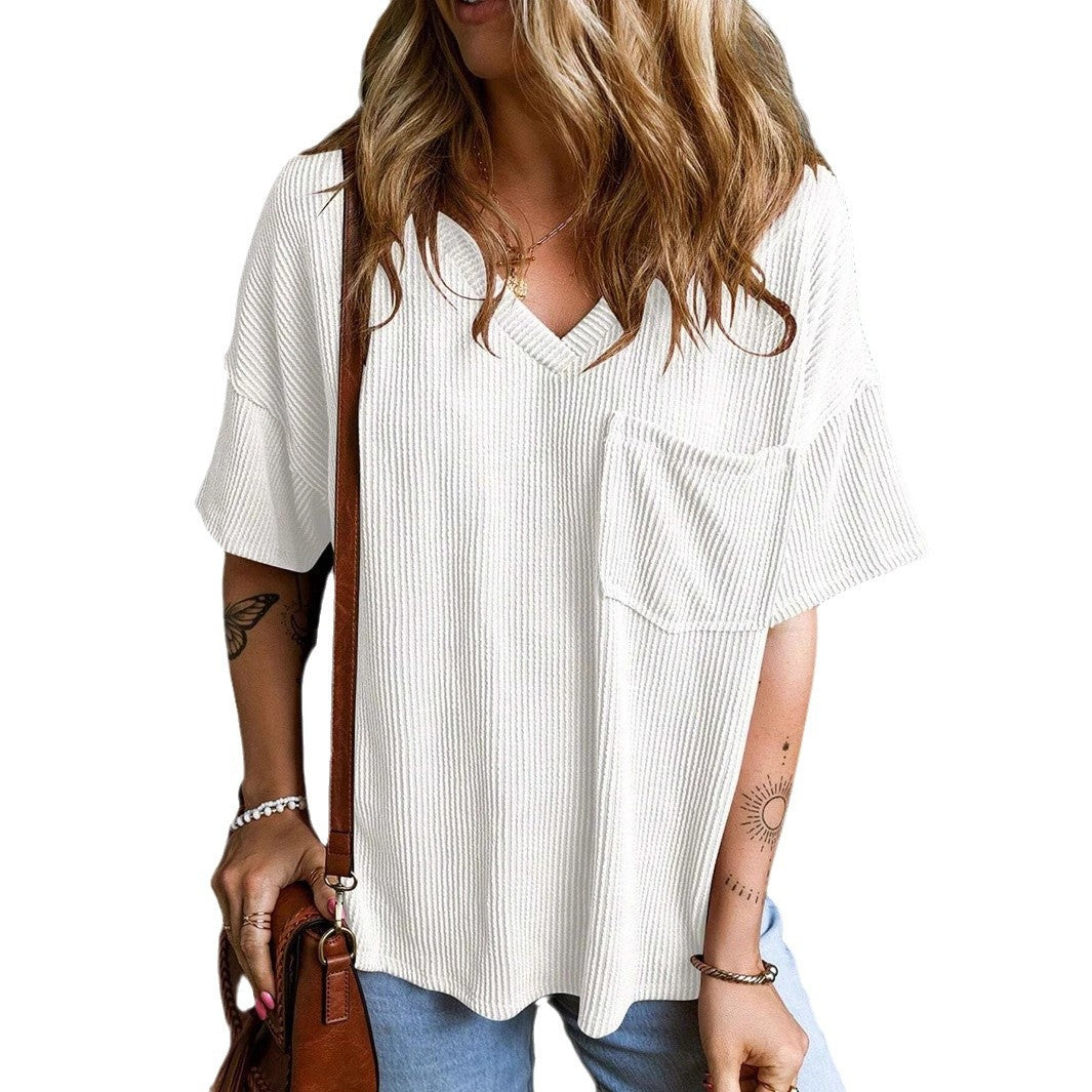 Women's Fashionable Two-color Twisted Pocket Short-sleeved For Blouses