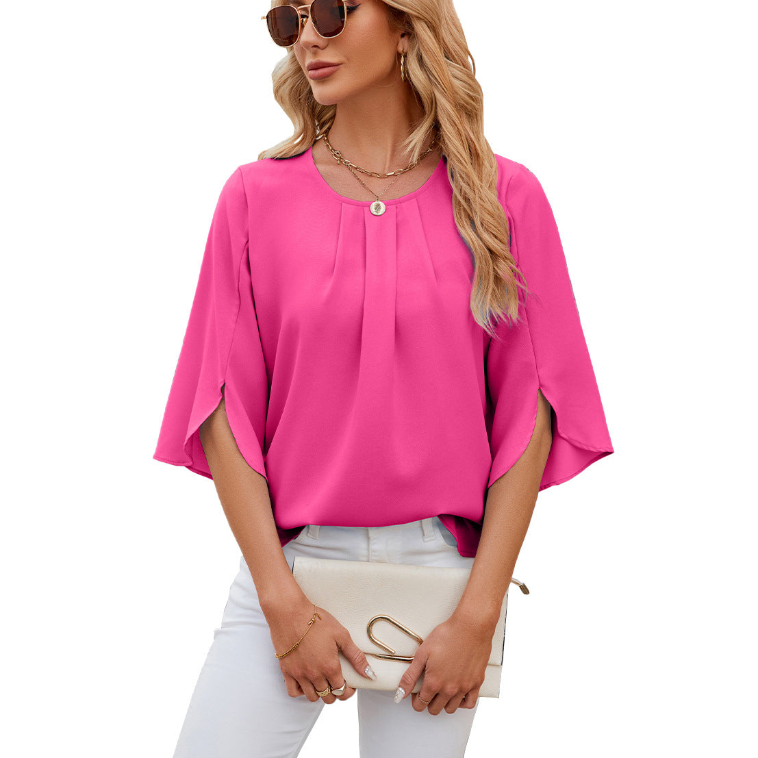 Women's Solid Color Round Neck Half Sleeve Blouses