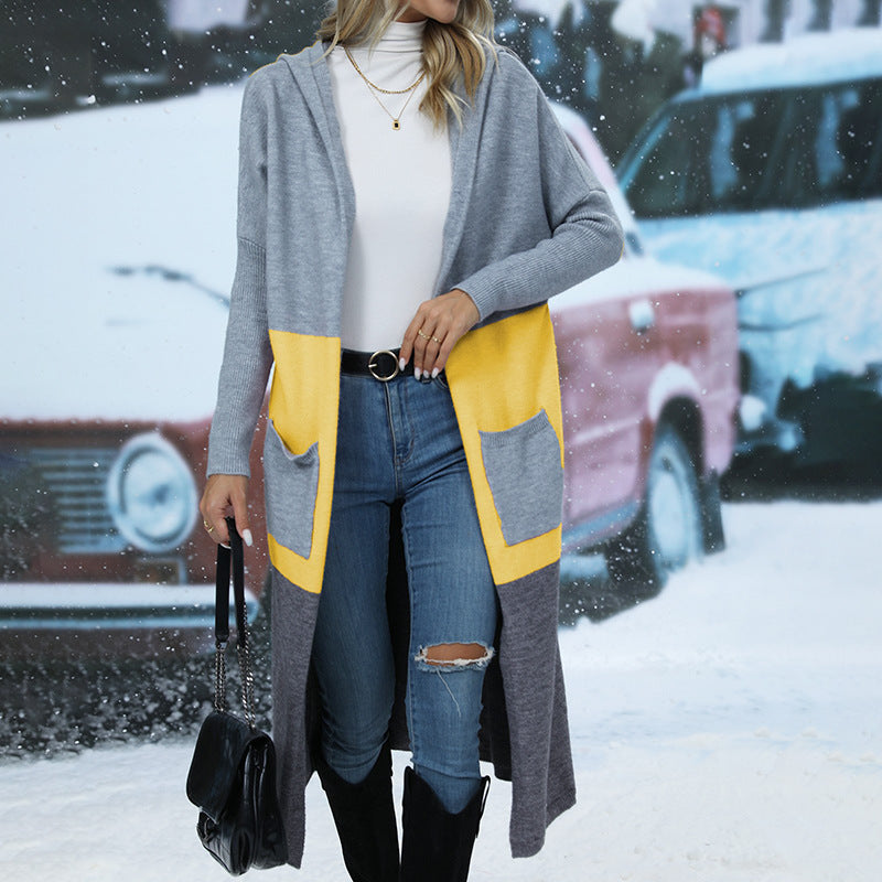 Women's Color Matching Pocket Personalized Letter Hooded Knitwear