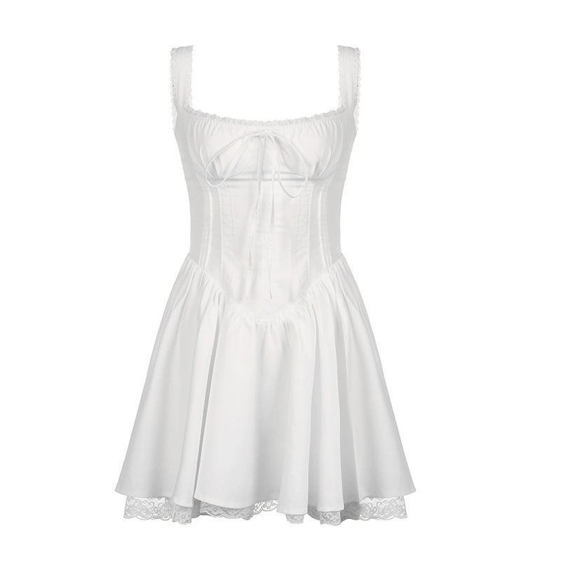 Sweet Lace Stitching Drawstring Slip Dress Dresses