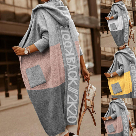 Women's Color Matching Pocket Hooded Casual Long Knitwear