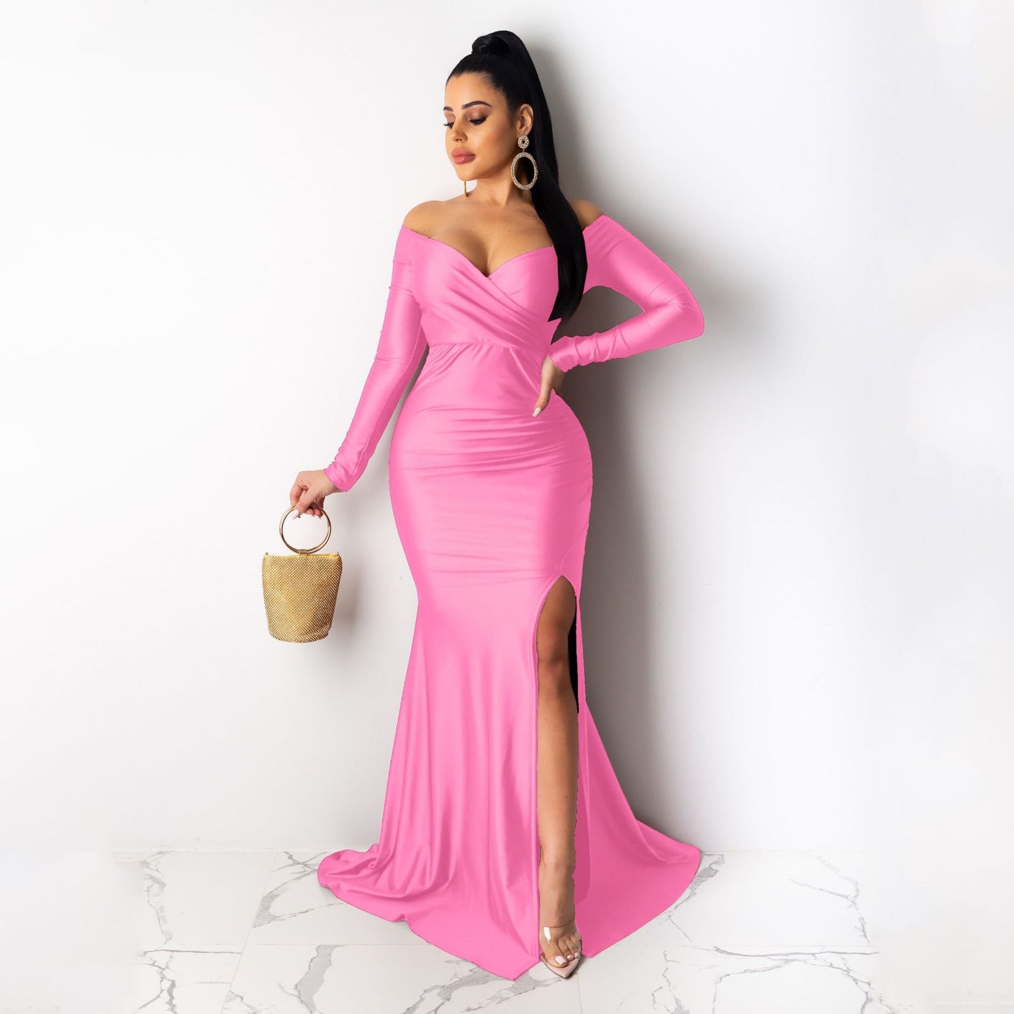 Women's Formal Solid Color Large Slit Long Dresses