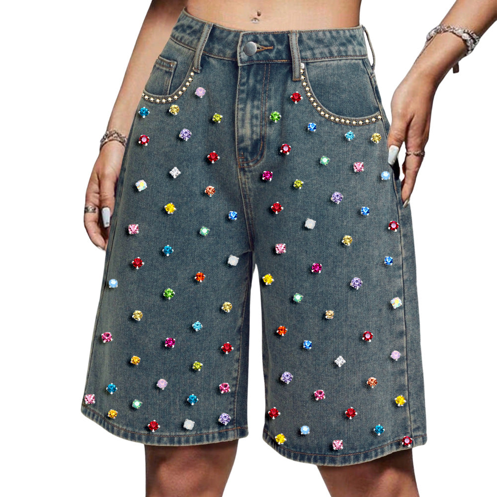 Women's High Waist Loose Points Stretch Diamond Jeans