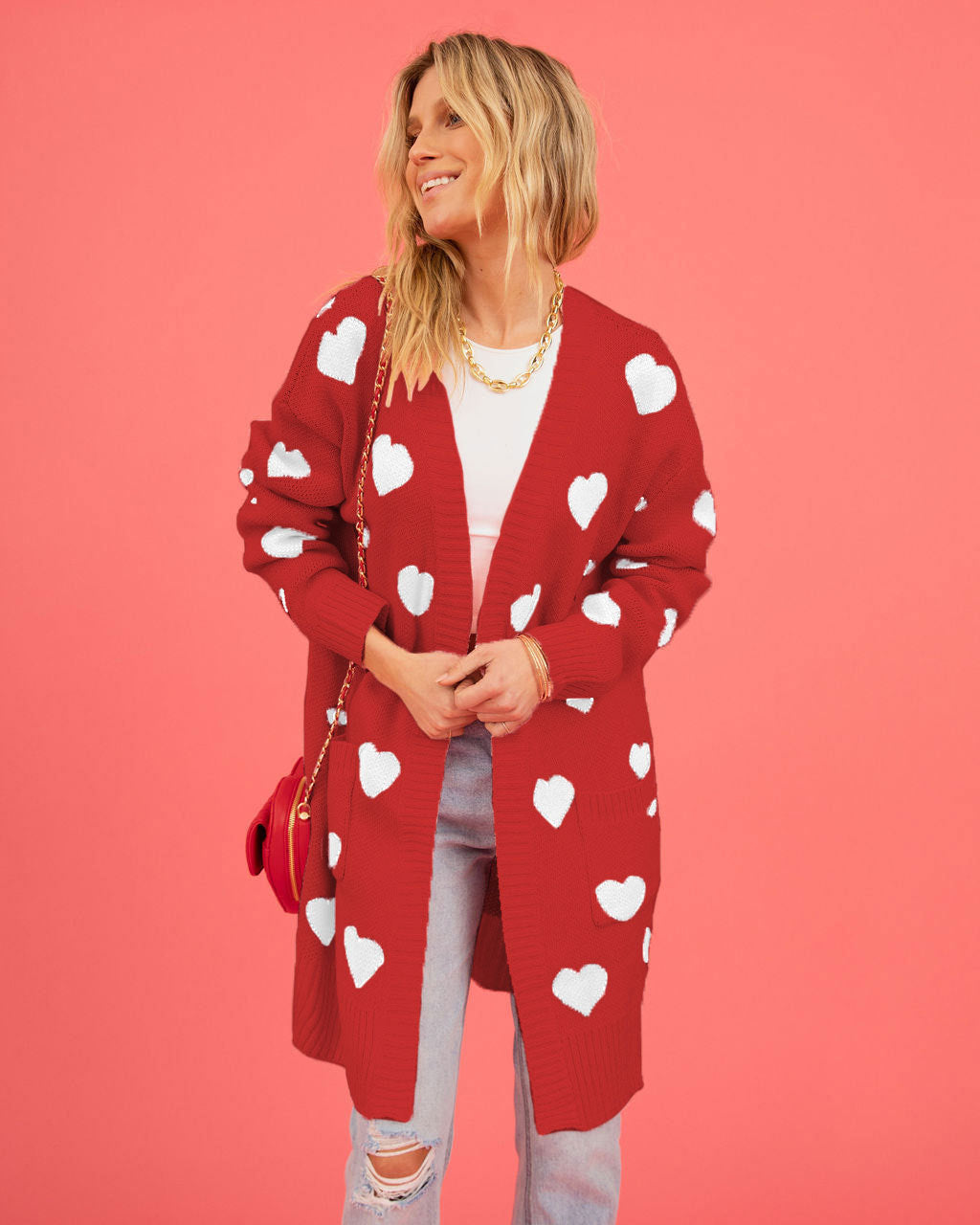 Women's Valentine's Day Heart Knitted Love Pocket Coats