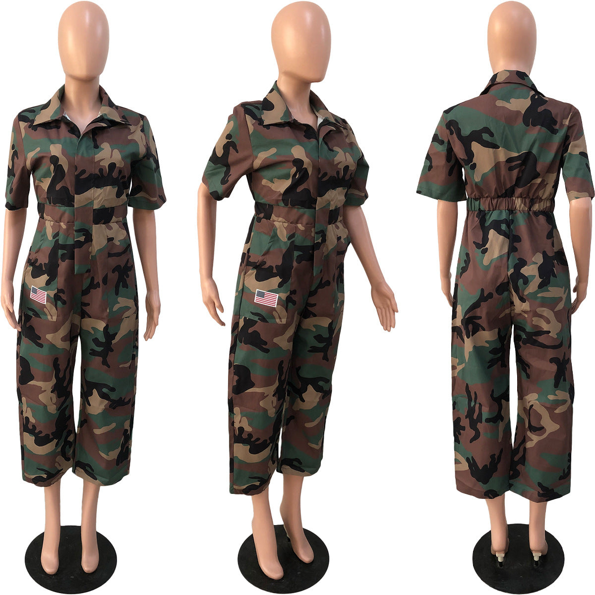 Slouchy Fashion Camouflage Printed Pocket Lapels Jumpsuits