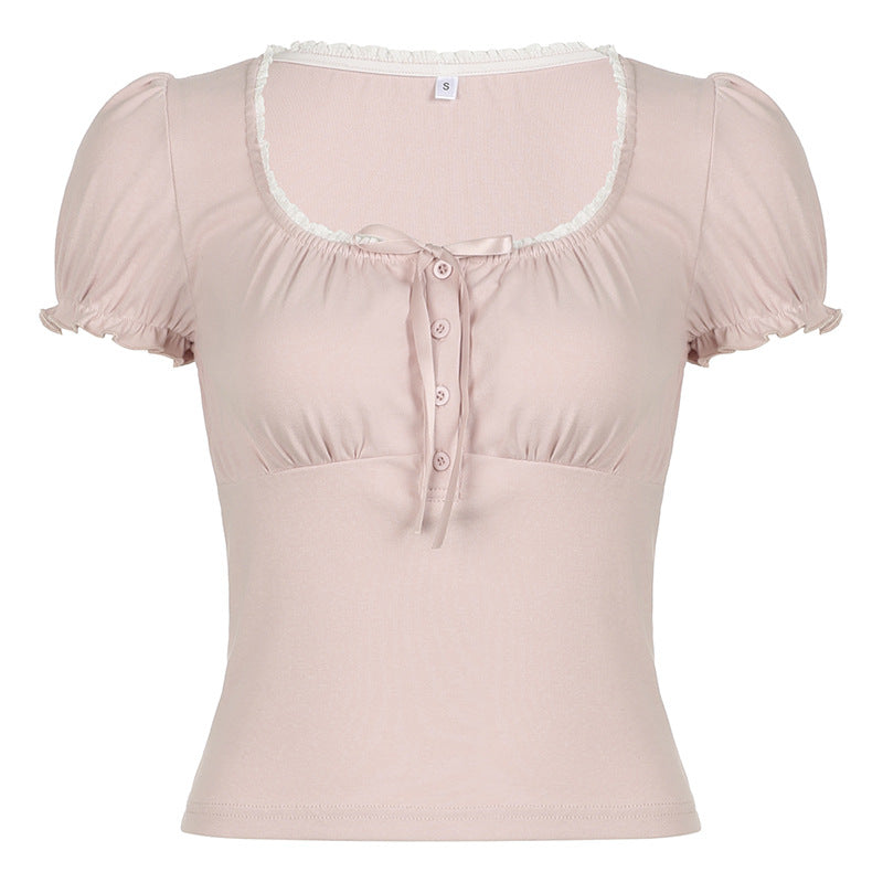 Women's Sleeve Sweet Fresh Pleated Bow Bandage Cinched Slimming Blouses