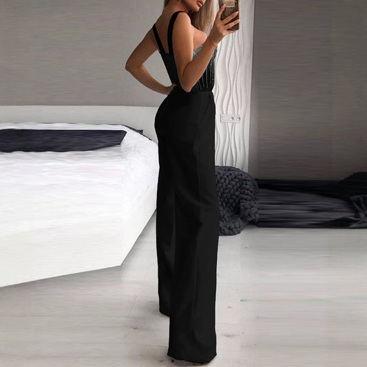 Black Rhinestone Sexy Sleeveless Fitted Waist Pants