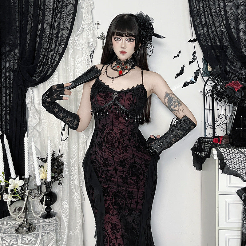 Autumn Cross Flocking Tassel Dress Asian Dresses