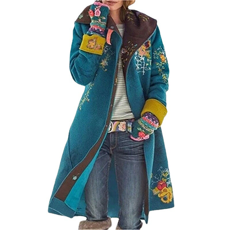 Women's Mid-length Printed Long-sleeved Dragon Phoenix Woolen Coats