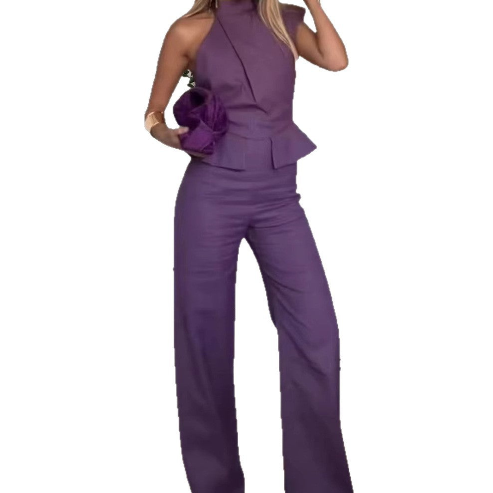 Summer Round Neck Sleeveless Solid Color Jumpsuits
