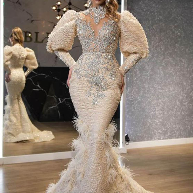 Dress Feather Princess Gold Long Mesh Wedding Dresses